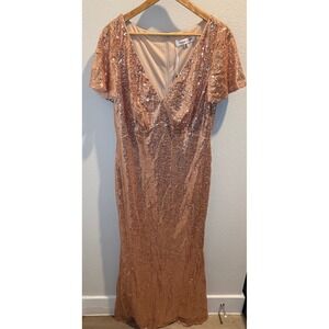 Ever-Pretty Rose Gold Sequin V-Neck Flutter Sleeve Mermaid Maxi Dress 5XL US 18
